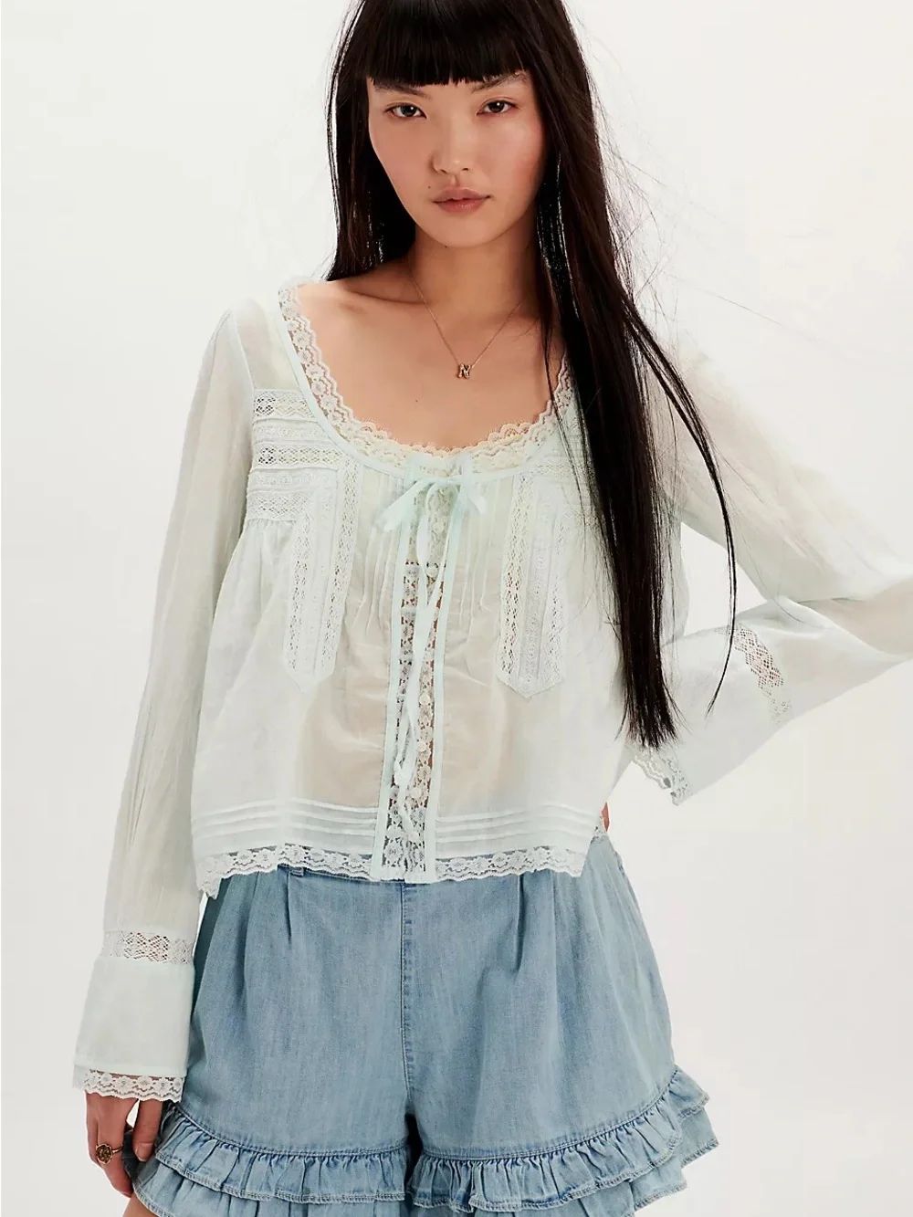 Free People • Forevermore sheer blue long sleeve blouse